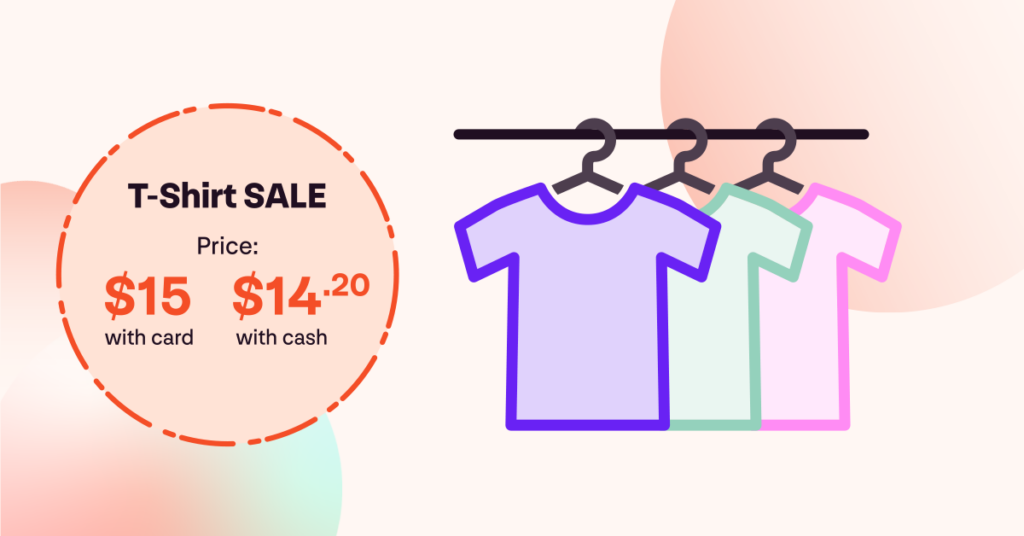 Price tag showing the price difference of pay cash versus with card as an example of dual pricing. Card is $15. Cash is $14.20.