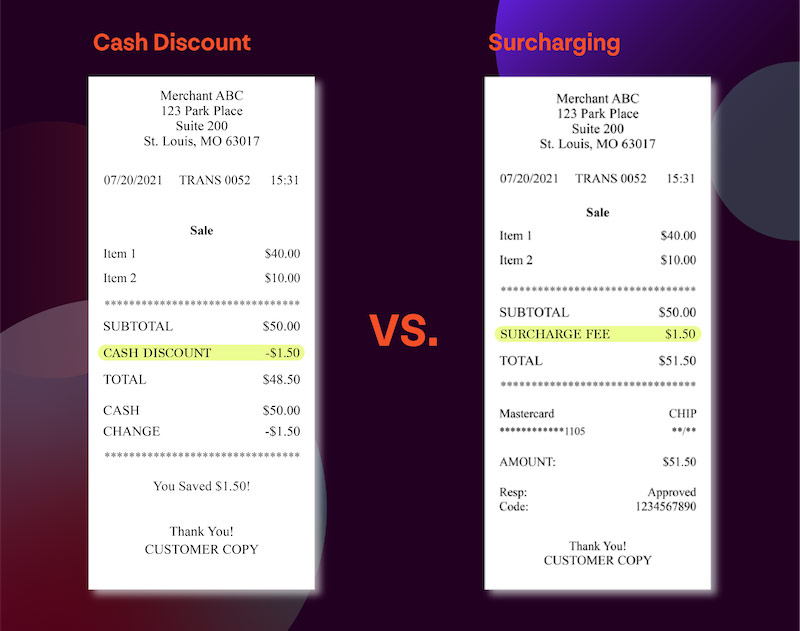 Side by side comparison of a cash discount receipt versus a surchanging receipt