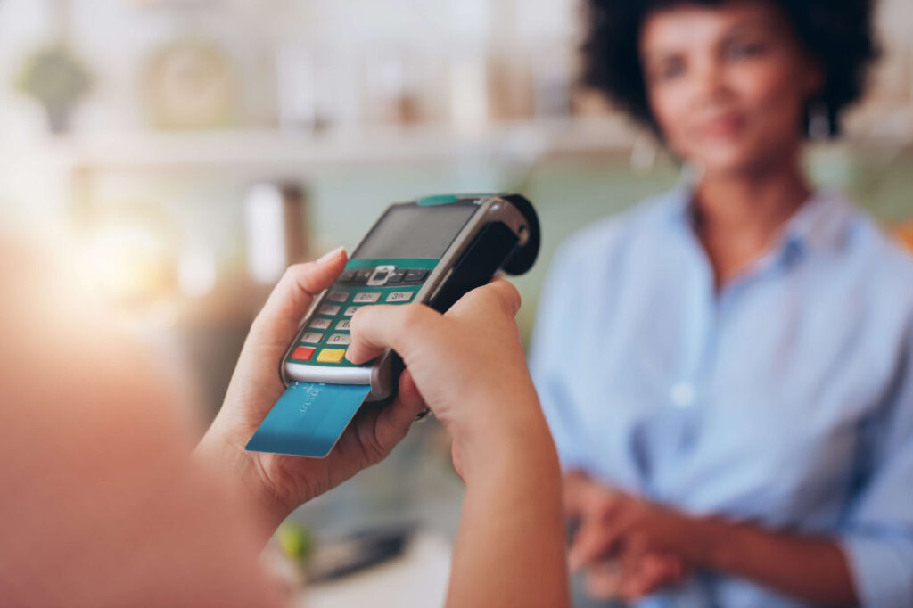 Customer makes a credit card payment with EMV compliant embedded chip.