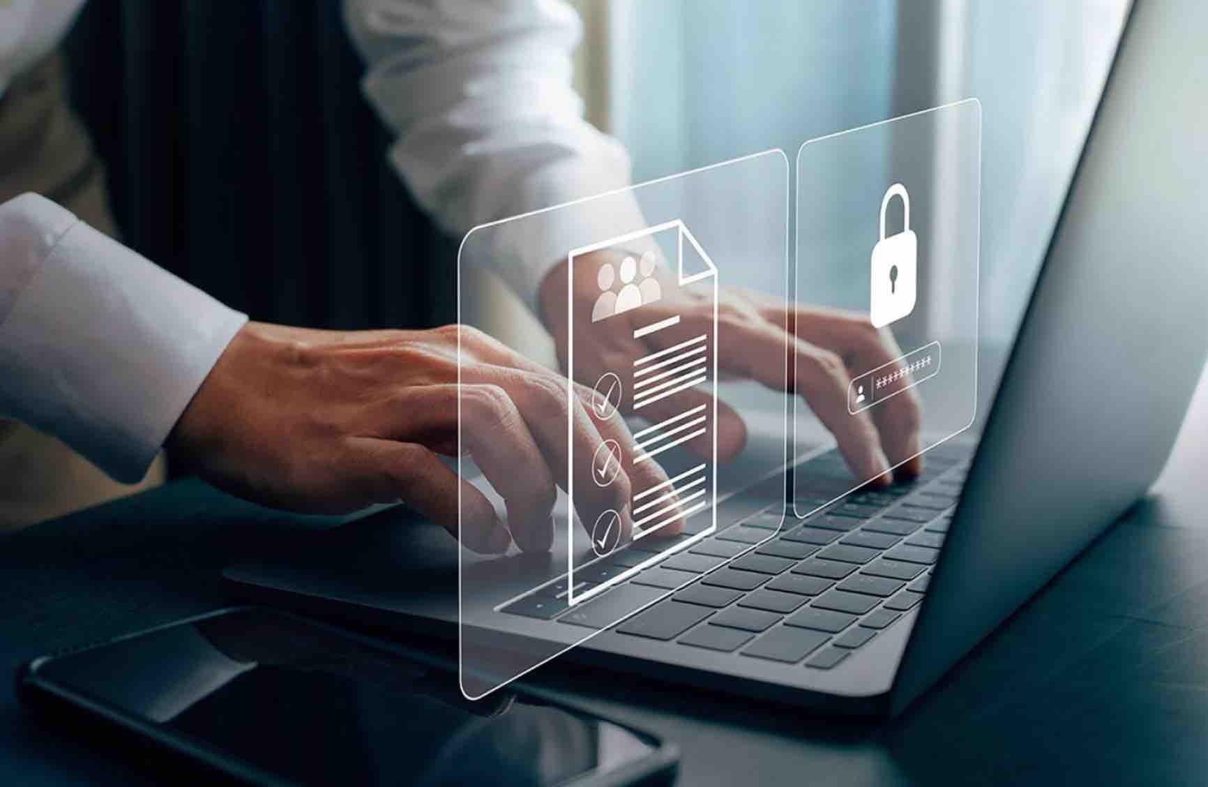 Person typing on computer with agenticc commerce checklist and security overlays