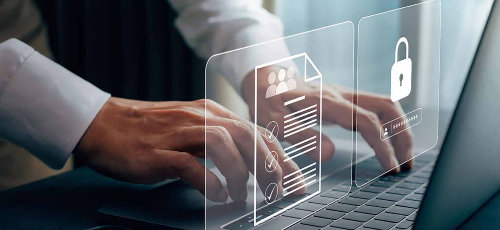 Person typing on computer with checklist and security overlays